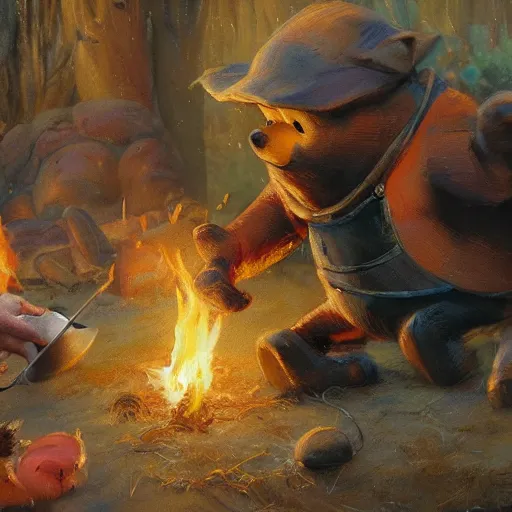 Image similar to close up of winnie the pooh spit roasting a whole pig over a fire, cinematographic shot, by daniel f. gerhartz