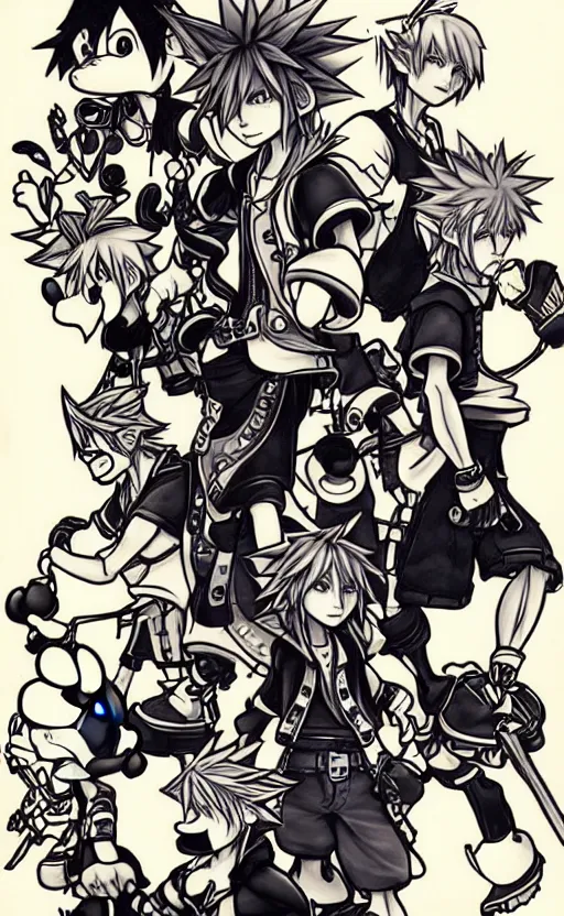 Image similar to kingdom hearts by yoji shinkawa, sora, roxas, goofy, mickey, cast of characters