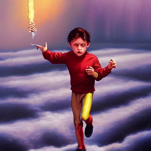 Prompt: a running child turning into vapor, mist, smoke, blood, scissors in hand, a detailed matte painting by Jason Edmiston, John Philip Falter