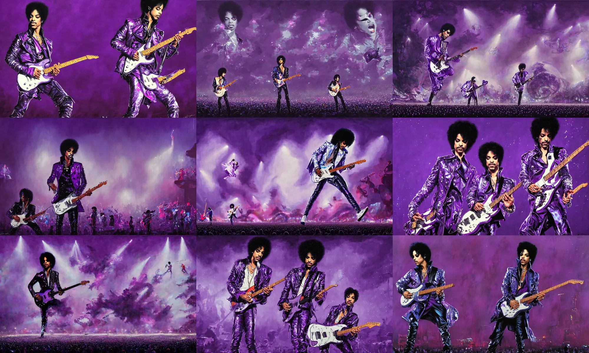 Prompt: prince playing the guitar in the purple rain at the largest concert in the world, low light, beautiful atmosphere, live audience going wild, painting by james jean, greg rutkowski and james gurney