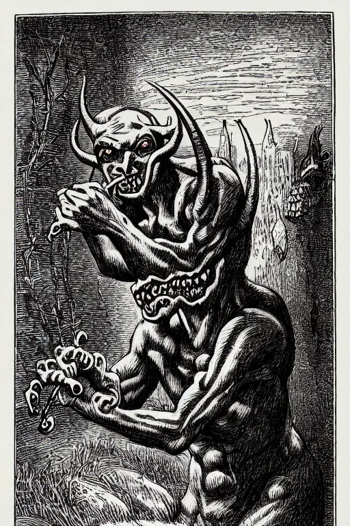 Image similar to the fresno nightcrawler, as a demon from the dictionarre infernal, pen - and - ink illustration, etching by louis le breton, 1 8 6 9, 1 2 0 0 dpi scan, ultrasharp detail, hq scan, intricate details, stylized border