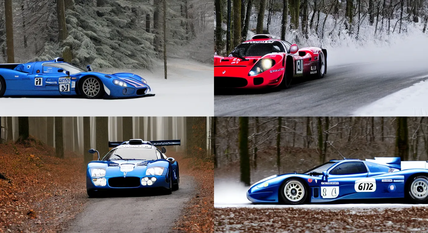 Prompt: a 2 0 0 5 maserati mc 1 2 gt 1, racing through a rally stage in a snowy forest