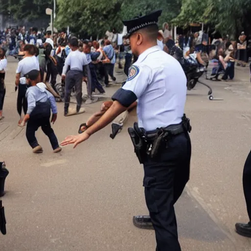 Image similar to a police officer helping people get to safety in a war