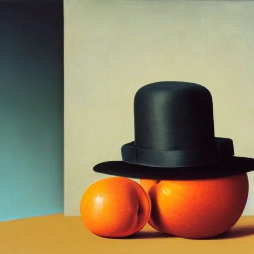 Image similar to a magritte painting masterpiece exposed in Paris : an apple talking to an orange on black hat, This 4K HD image is Trending on Artstation, featured on Behance, well-rendered, extra crisp