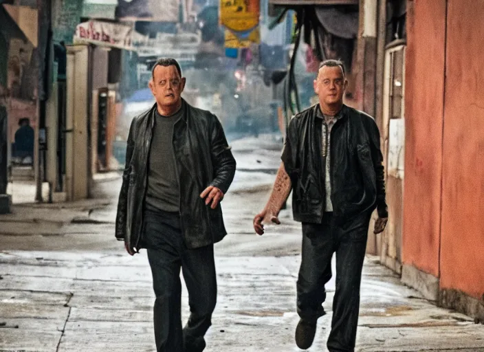 Image similar to film still of Tom Hanks roaming the dirty streets in the new Deathwish, 4k