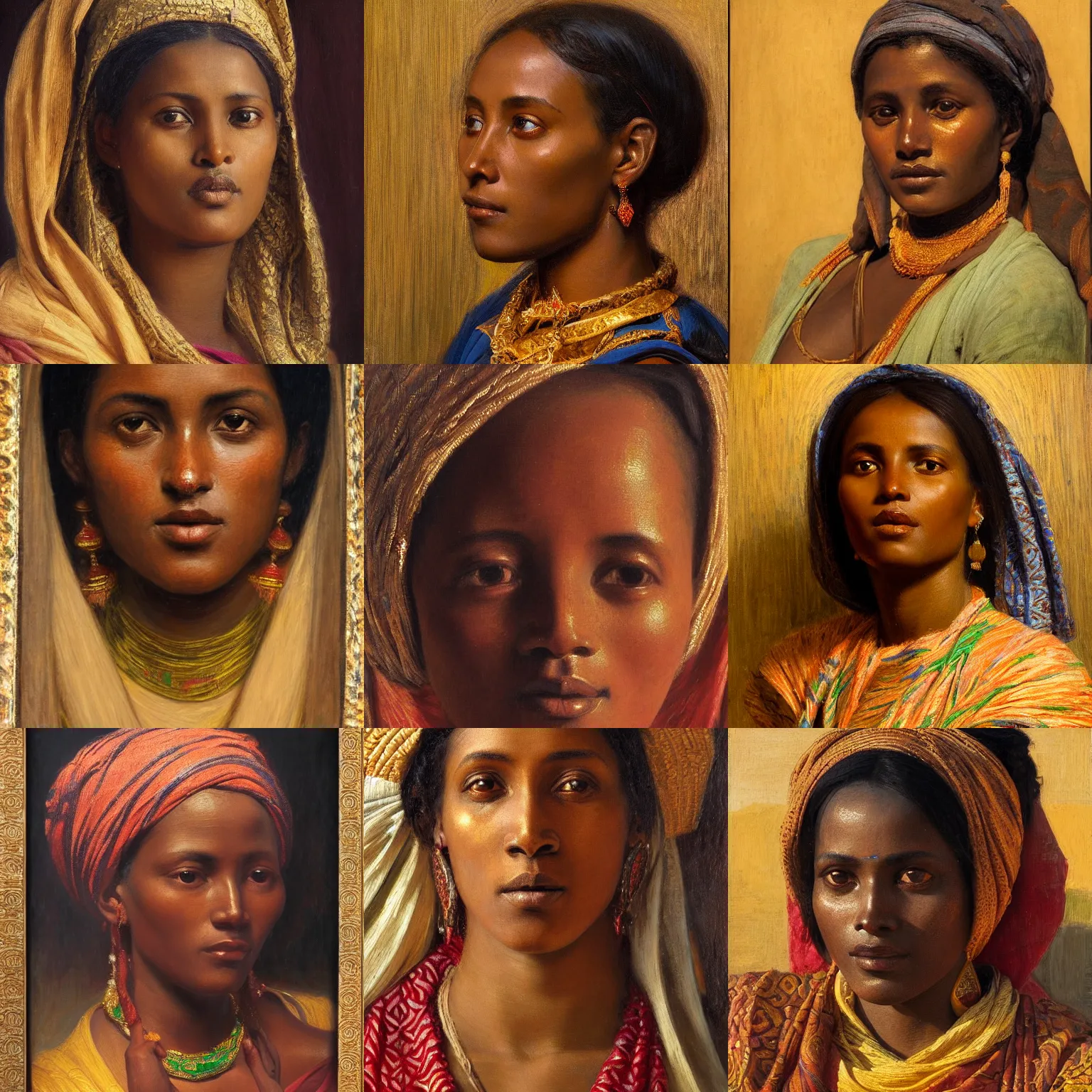 Prompt: orientalism face detail of an ethiopian woman by edwin longsden long and theodore ralli and nasreddine dinet and adam styka, masterful intricate art. oil on canvas, excellent lighting, high detail 8 k