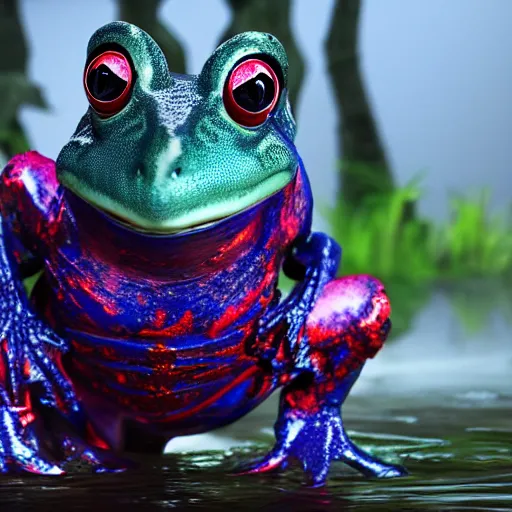 Image similar to cinematic shot of an anthropomorphic blue frog wearing a pink suit of armor aiming an AK-47 knee-deep in a swamp, very intricate, very detailed, depth of field,