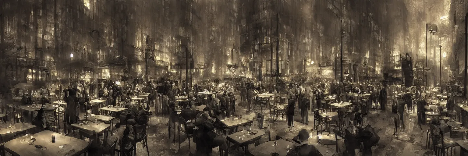 Image similar to Babylon Berlin. Night. Inside a crowded Art deco restaurant. Berlin, late golden 1920s. Gropius. Metropolis. Mist. Highly detailed. Hyper-realistic. Cheerful. Merry mood. Matte painting in the style of Craig Mullins