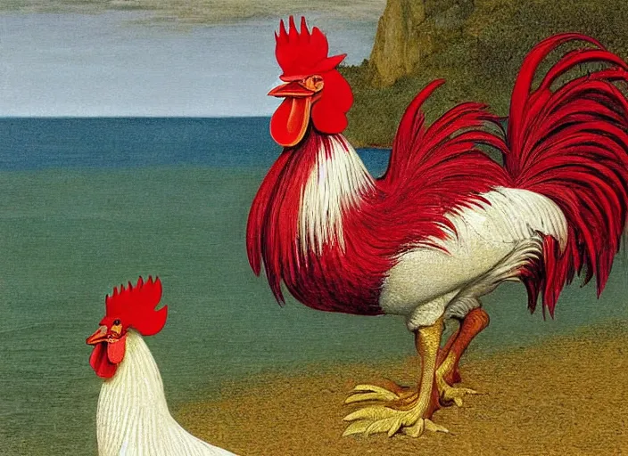 Prompt: rooster, beach, painting, fine art, hard edge painting, tonal colors, polychromatic - colors, by richard dadd