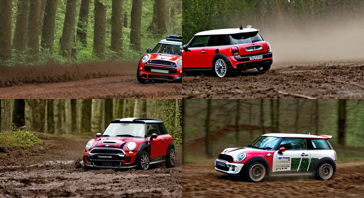 Prompt: a 2 0 1 1 mini john cooper works clubman, racing through a rally stage in a muddy forest