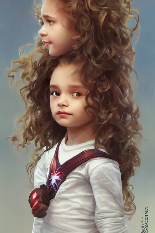 Image similar to a little girl with a michievous face and light brown curly wavy hair. she is dressed as captain america, spider - man, batman, captain marvel, a superhero. clean elegant painting, beautiful detailed face. by artgerm and greg rutkowski and alphonse mucha