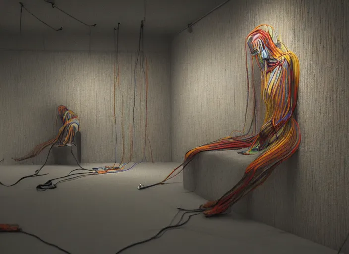 Image similar to rgb, woman, modern art museum, cinematic, movie scene, inspired by zdzislaw beksinski, new zealand landscape, clothes made out of veins,, cables everywhere, bedroom, ultra realistic, concept art, intricate details, highly detailed, photorealistic, octane render, 8 k