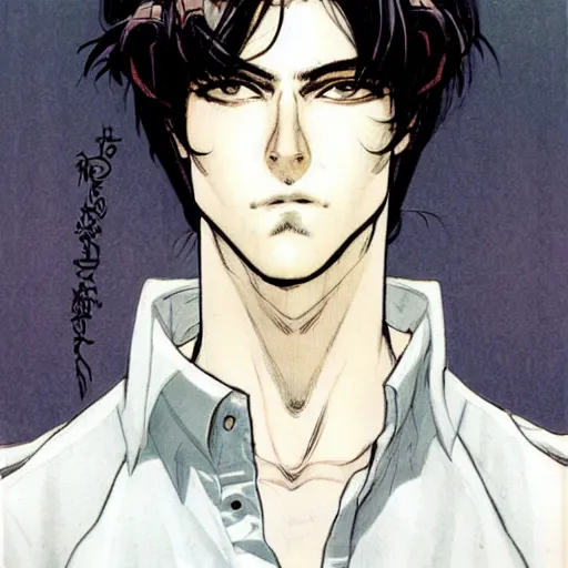 Image similar to portrait of very handsome young wizard with dark hair and white blouse, art by yoshitaka amano, art by adam hughes
