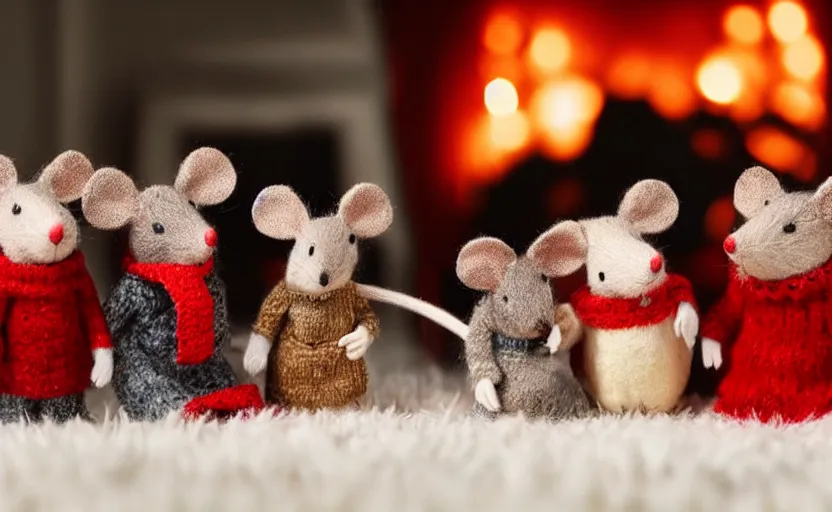 Image similar to close - up of a mouse family sitting in front of a cozy christmas fireplace wearing woolen sweater, cinematic lighting, dark atmosphere