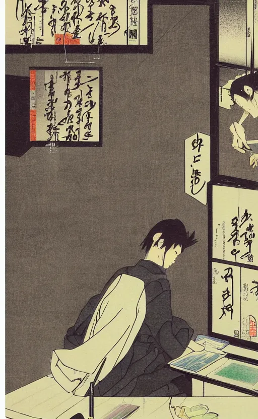 Prompt: by akio watanabe, manga art, a male calligrapher writing next to a poster, inside modern japanese room, trading card front, realistic anatomy