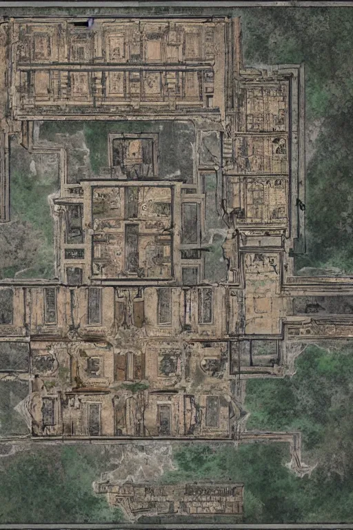 Image similar to full - color fantasy floor plan map of a ruined temple, by greg rutkowski and james gurney, trending on artstation