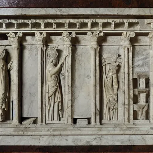 Prompt: roman temple with symbols craved into the marble, detailed painting