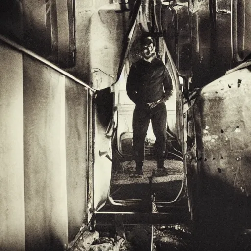 Image similar to the disembodied spirit of a dangerous railroad worker, Boxcar on the railroad, Cinematic, 35mm, film still from horror movie