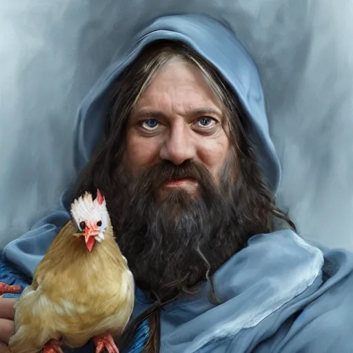 Image similar to a portrait of a wizard holding his pet chicken in his hands by Tony Sart, confused facial expression, blue robe, long white beard, frizzy hair, crazy hair, messy hair, ArtStation, realistic, detailed