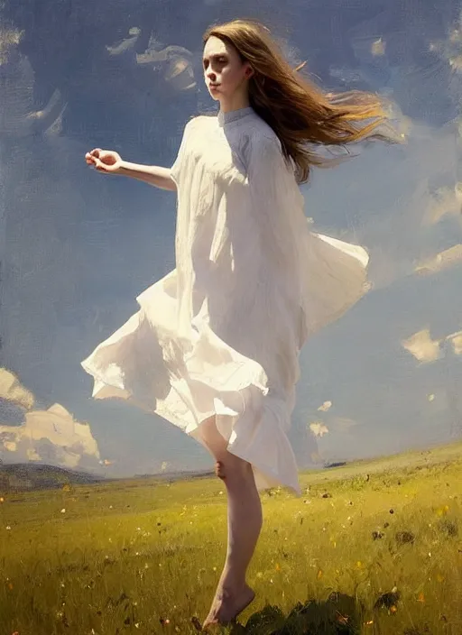 Prompt: portrait of a levitating girl dressed in white clothes, countryside, calm, fantasy character portrait, dynamic pose, above view, sunny day, thunder clouds in the sky, artwork by Jeremy Lipkin and Giuseppe Dangelico Pino and Michael Garmash and Rob Rey, very coherent asymmetrical artwork, sharp edges, perfect face, simple form, 100mm