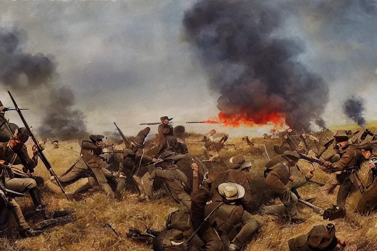 Prompt: american civil war trench battle, shots fired, explosions all around, wide shot, cinematic, realistic painting in the style of jules breton