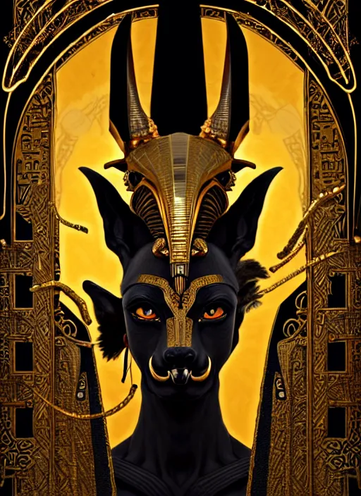 Image similar to angry god anubis, growling jackal with egyptian headdress and nemes, ornate art nouveau scarabs, black and gold palette, symmetry, fantasy, intricate, elegant, highly detailed, colorful, dark colors, dramatic shadow, digital painting, artstation, concept art, art by artgerm and greg rutkowski and ruan jia,