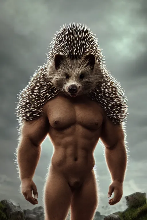 Image similar to muscular hedgehog man standing up, cinematic shot, hedgehog character hero, fantasy character art, HD digital illustration 4k