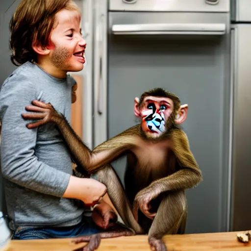 Prompt: funny photo of two monkeys having fun in the kitchen