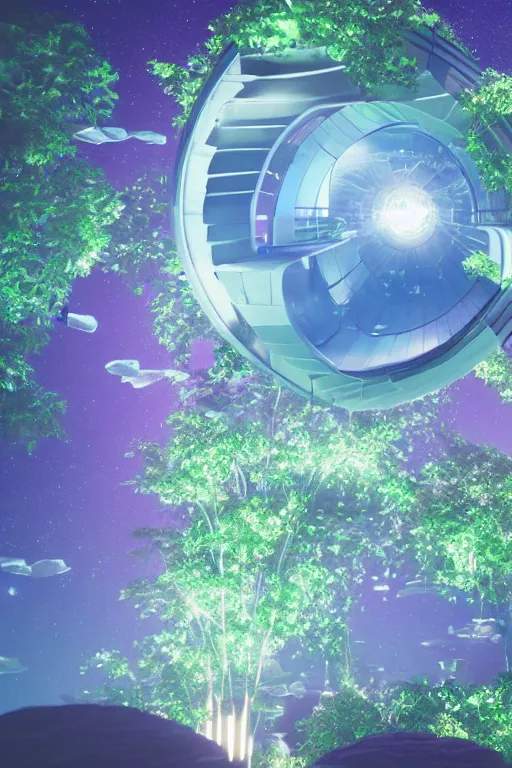 Image similar to multi level botanical garden spaceship floating in space, calm, tranquil, faded effect, detailed, vaporwave colors, render by substance designer