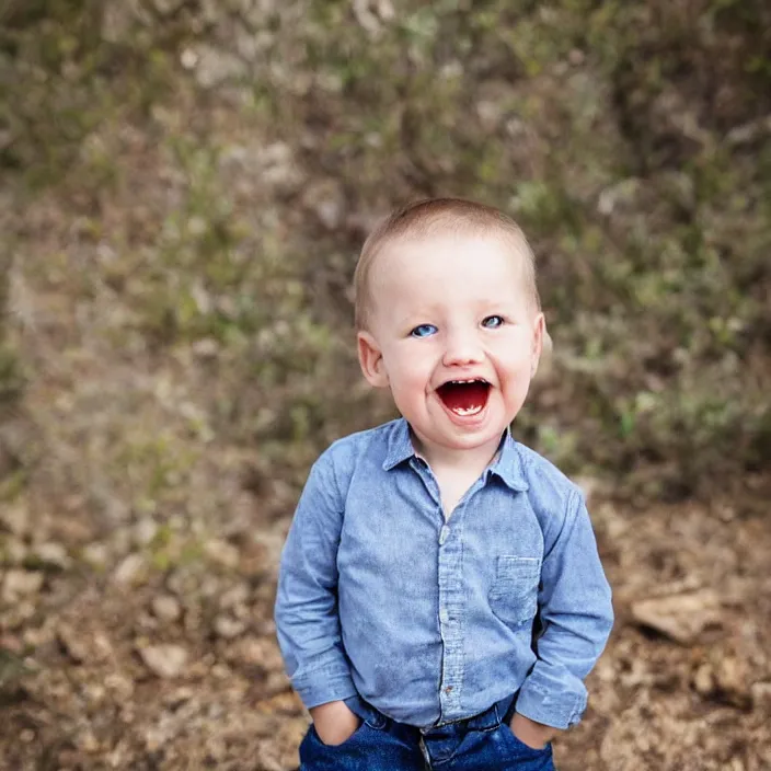 Prompt: a portrait of a naughty toddler, he's up to no good, smiling threateningly