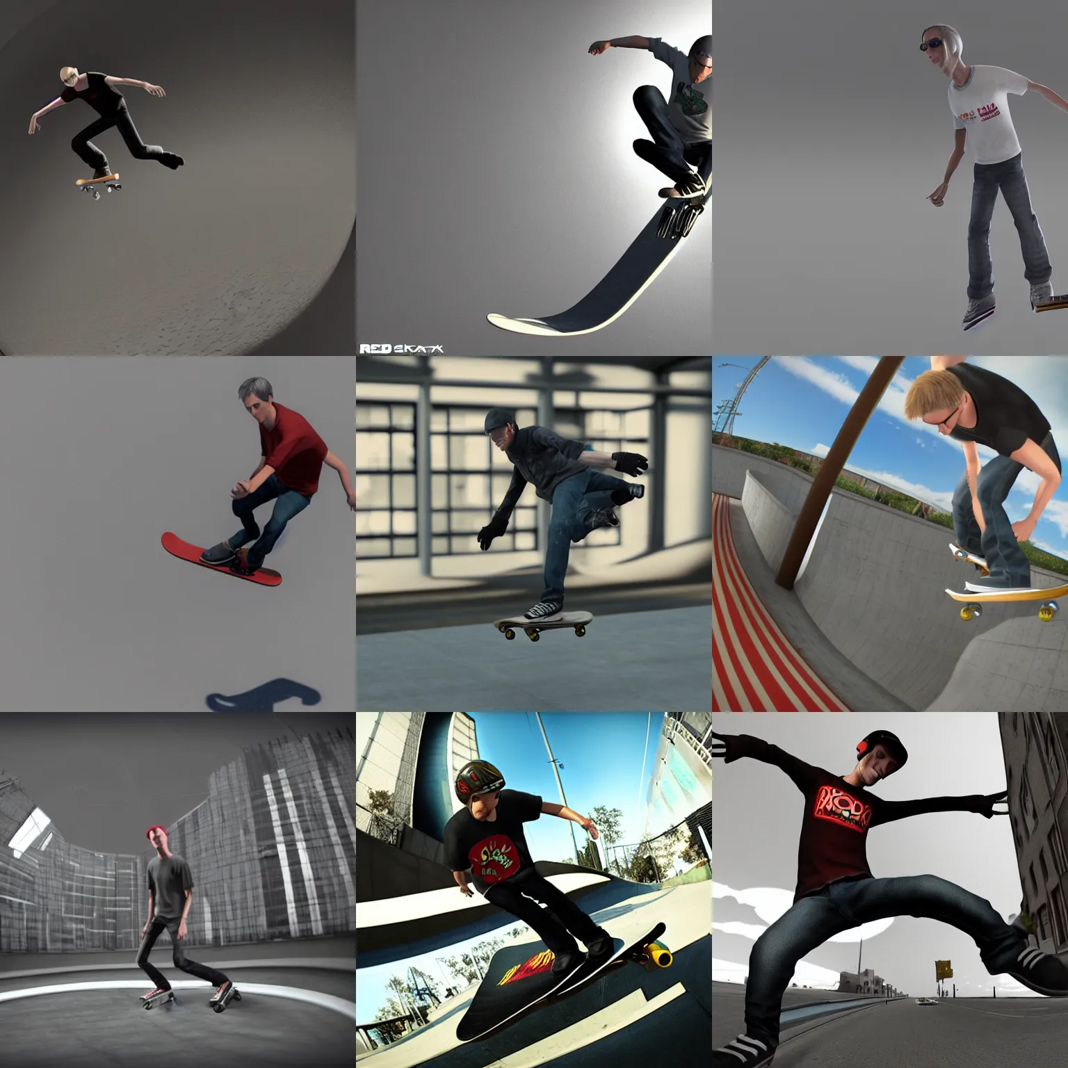 Image similar to tony hawk, 3 ds max animation, redshift render, realistic, cloth sim, fisheye, skater xl, skatrix 4 k