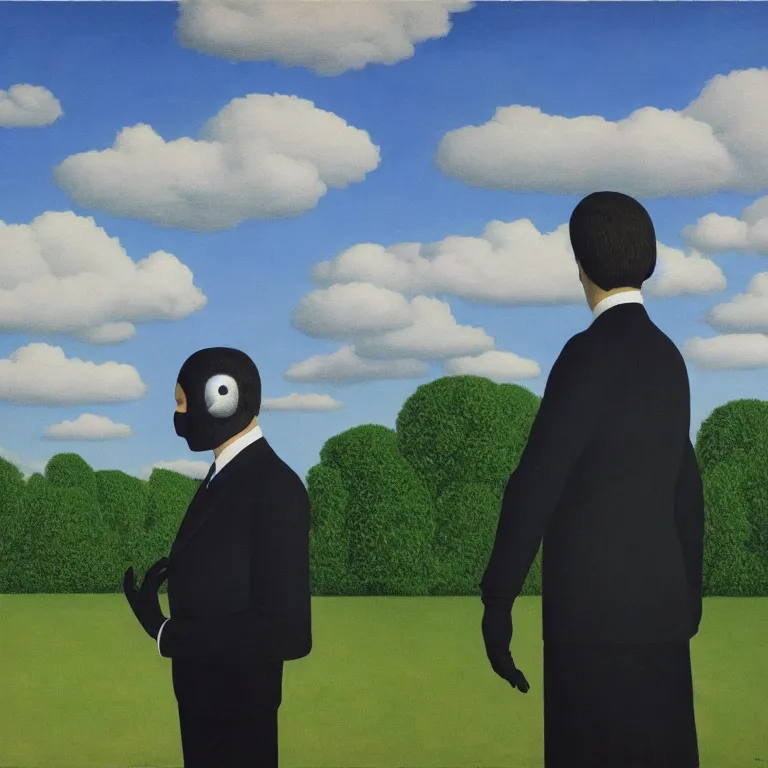 Prompt: portrait of a faceless chrome - head man in a suit and black gloves, clouds and nature landscape in the background, by rene magritte, detailed painting, distance, centered, hd, hq, high resolution, high detail, 4 k, 8 k