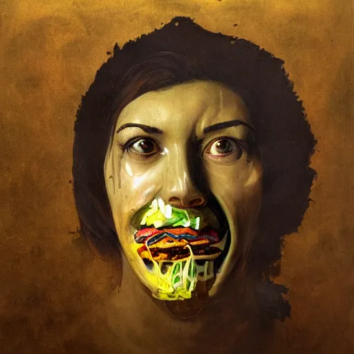 Image similar to mysterious portrait of Hope Solo emerging from the dark void eating burger, face partially melting like glitching out LSD effect, figure in the darkness of renaissance, serving big macs, covered in ketchup,Francisco Goya, painted by John Singer Sargant, Adrian Ghenie, style of Francis Bacon, highly detailed, 8k, trending on artstation