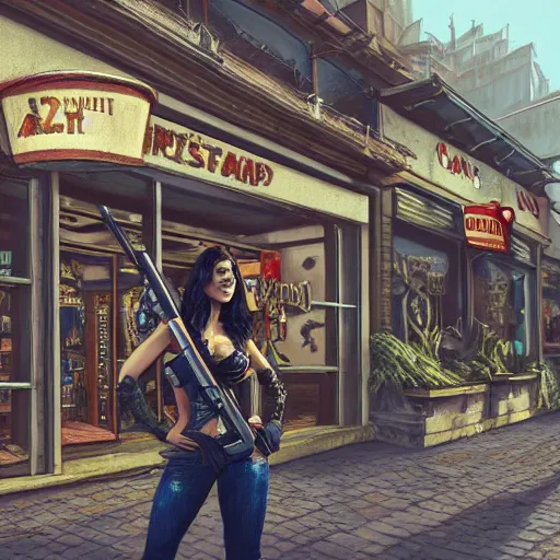 Prompt: a woman with large chest and a big gun, painted in comisc style in front of the shop marked with sign Daniel Vavra highly detailed, intricate, concept art, game art, octane render, 8k, unreal engine