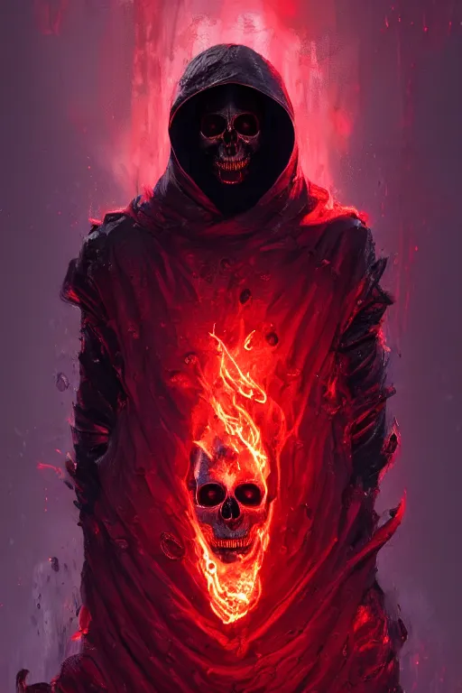 Image similar to A full body portrait of a mysterious character with a flaming skull with a very long hooded blood red and black cloak, tentacles coming out the ground art by Maciej Kuciara and Cedric Peyravernay, ominous, cosmic horror, trending on artstation, Ultra detailed, hyper realistic 4k