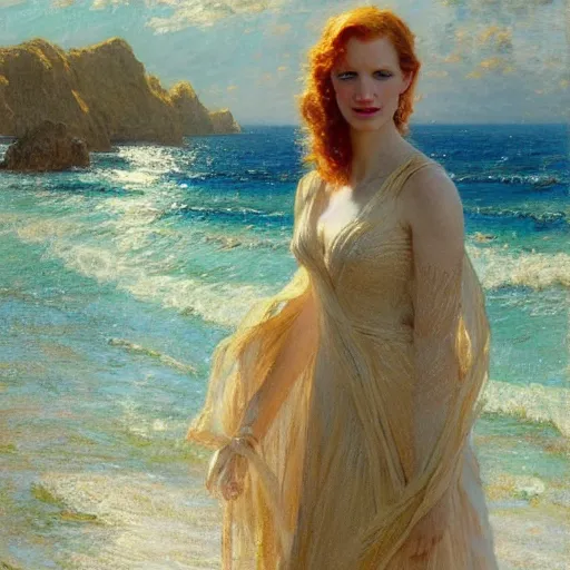 Prompt: detailed cinematic shot of jessica chastain with white clothes in the mediterranean beach, spring light, painting by gaston bussiere, craig mullins, j. c. leyendecker