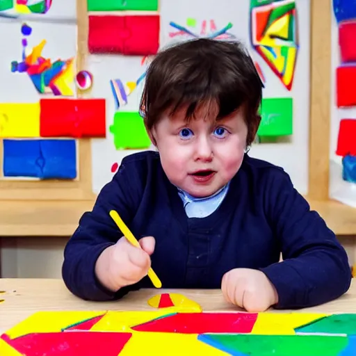 Image similar to Boris Johnson eating crayons while sitting on kindergarten puzzle floor, full body