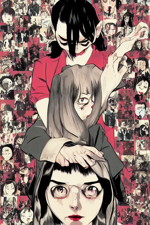 Prompt: twin peaks horror detective manga comic cover, dramatic, beautifully drawn coherent professional, drawn by ilya kuvshinov, satoshi kon, tsutomu nihei. by tomer hanuka and michael whalen, minimalist stylized cover art, cel shaded