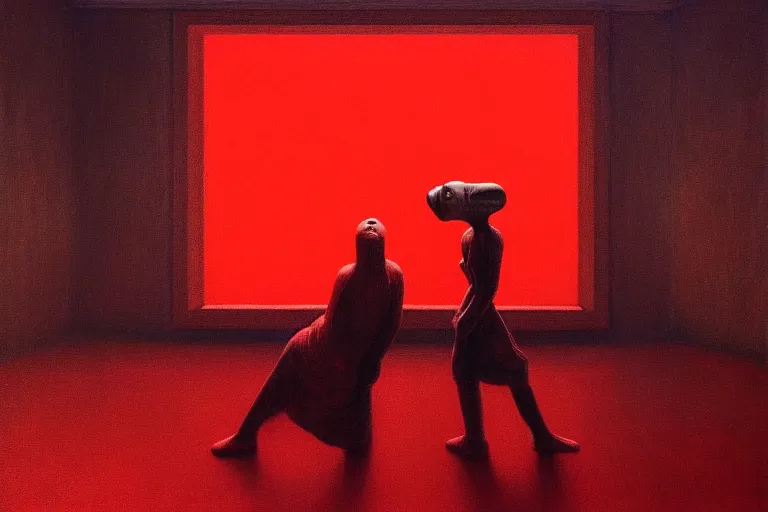 Image similar to only with red, red art thieves with disney masks, in a museum with contemporary art paintings, in the style of beksinski, parts by edward hopper, parts by rodcenko, parts by yue minjun, intricate and epic composition, red by caravaggio, insanely quality, highly detailed, masterpiece, red light, artstation, 4 k