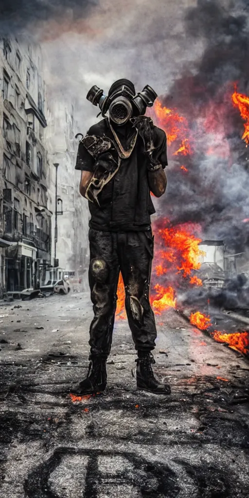 Image similar to post - apocalyptic city streets, close - up shot of an anarchist with a gasmask, burned cars, explosions, colorful smoke, hyperrealistic, gritty, damaged, dark, urban photography, photorealistic, high details