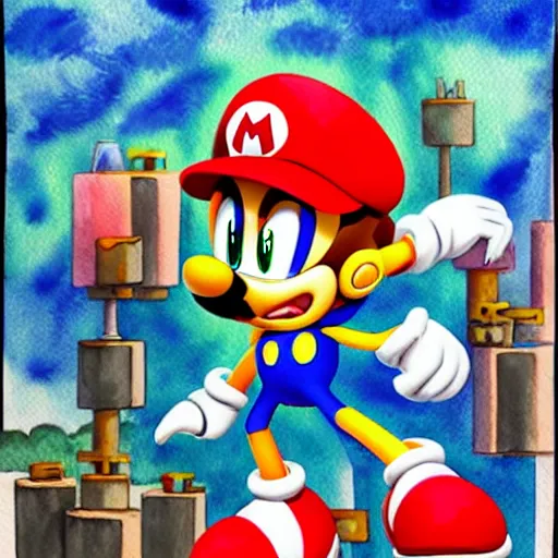 Image similar to Sonic in the style of Mario, with a mustache, beautiful watercolor art drawing, in the style of artist Simon Stalenhag s-90 - C 7