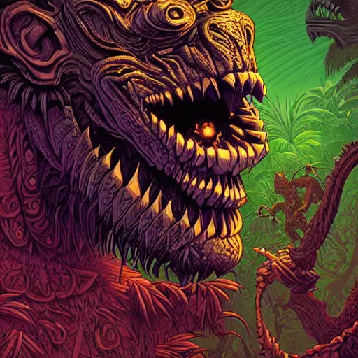 Image similar to barong family member, wiwek, mara demon, one single tribe member, jungle, one single mask, dark, ancient warrior, gorilla, lizard, tribal, inner glow, art by dan mumford and justin gerard