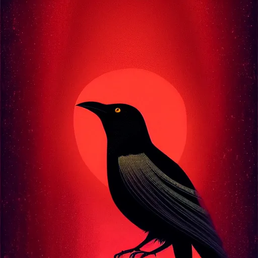 Prompt: beautiful digital fantasy illustration of a black bird with a red background, poster art by victo ngai, behance contest winner, vanitas, wiccan, tarot card, behance hd, high detail texture, unreal engine, 8 k, photographic quality, ultra hyper realistic quality, 8 k definiton, hyper - realistic, cinematic, cinematic lighting