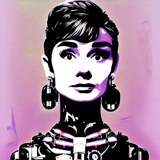 Image similar to portrait of audrey hepburn as a robot highly detailed digital painting art station cyberpunk