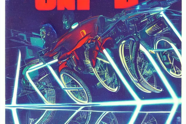 Image similar to 1979 OMNI Magazine Cover of a set of Tron Light Cycles on the Grid. in cyberpunk style by Vincent Di Fate