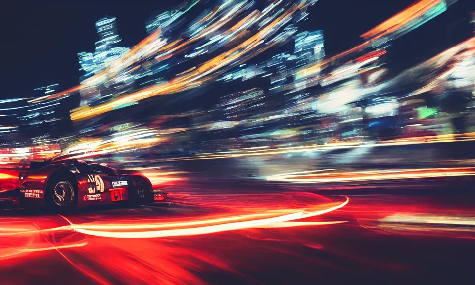 Prompt: photo of two racing cars at night driving fast through a city, cinematic, 4k, long exposure photography, tokyo drift, fast and furious, film still, night photography, motion blur, lens flare, movie shot, analog camera