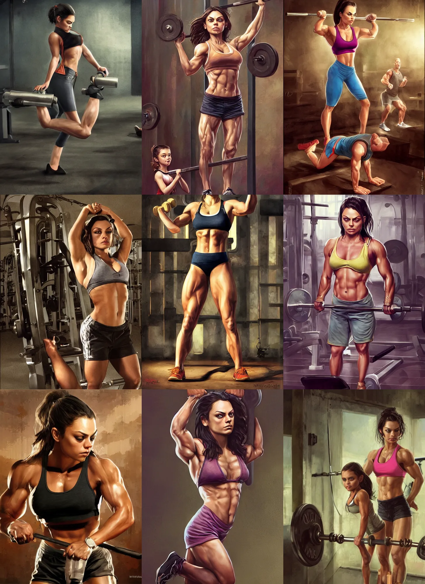 Image similar to bodybuilder mila kunis working out, wlop, steve argyle, ilya kuvshinov, ralph horsley, rossdraw, mark ryden, daniel f. gerhartz, sophie anderson, lilia alvarado, tom chambers