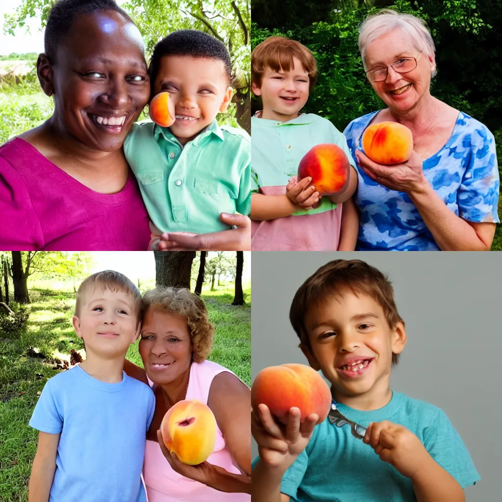 Prompt: happy boy holding a half eaten peach standing next to his mother