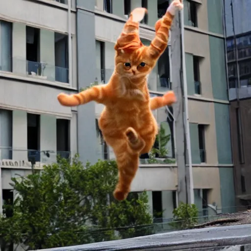 Prompt: orange tabby cat dual wielding AK-47s, while jumping backward out a window