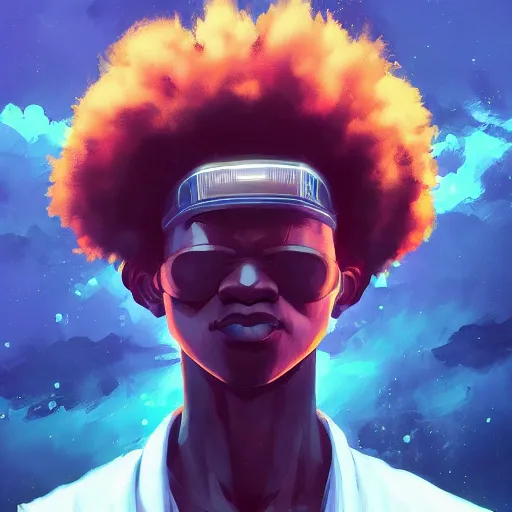 Prompt: afro - cyberpunk man manifesting dreams with ancestral magic in a modern world | hyperrealistic oil painting | by makoto shinkai, ilya kuvshinov, lois van baarle, rossdraws, basquiat | afrofuturism, in the style of surrealism, trending on artstation | dark color scheme